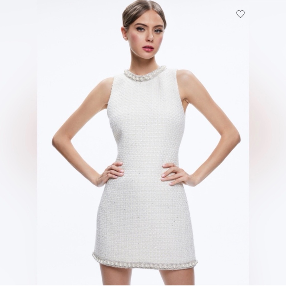 ALICE + OLIVIA Pearl Rhinestone COLEY Boucle Jewel Sequin White Tweed Dress 0 XS